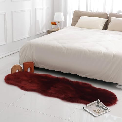 Faux Fur Rug Sheepskin Shag Fluffy Fuzzy Red 2x6 ft Runner Rugs for Bedroom Bedside Bed Floor Living Room Plush High (2' x 6' (Runner) / Red)