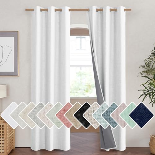 100% Absolutely Blackout Linen Curtains with Thermal Insulated Liner (42"W x 90"L (Pack of 2) / Greyish White)