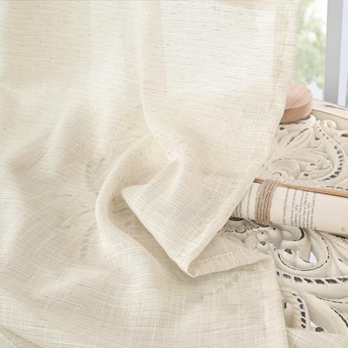 Short Linen Curtains 36 Inch Length for Kitchen Window (Light Beige / 42"W x 36"L (Pack of 2))