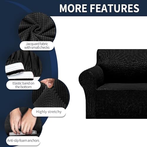 2026 New Stretch Sofa Slipcovers Couch Cover for 3 Cushion Furniture Protector Sofa Covers with Elastic Bottom Jacquard Fabric Small Checks for Pets (Black / Sofa)