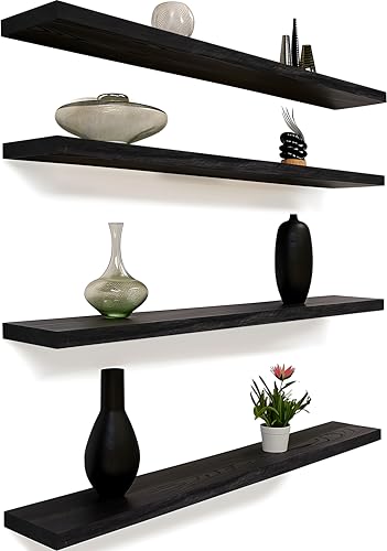 48 Inch Floating Shelves for Wall Rustic Black Wood Wall Shelves for Bedroom Set of 4 (48 inch / Rustic Black)