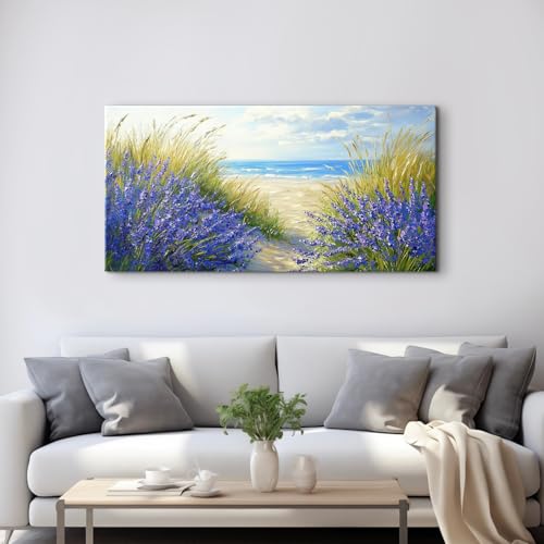 Farmhouse Lavender Wall Art Beach Wall Decor Purple Floral Landscape Pictures Vintage Wildflower Canvas Prints Painting Modern Seascape Artwork for Kitchen Living Room Home Decoration 24x48” (48"L x 24"W / Beach02)