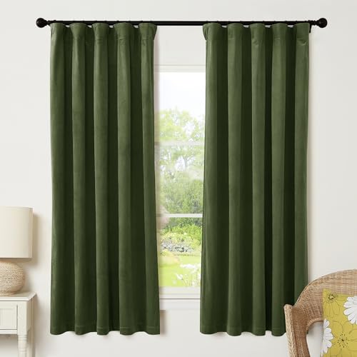 Olive Green Velvet Curtains 72 inches with Hook Belt (Olive Green / 52"W x 72"L (Pack of 2))