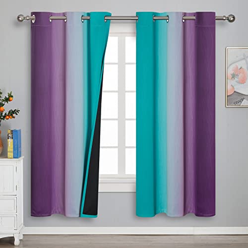 Ombre Teal and Purple Blackout Curtains for Kids Bedroom (Purple and Teal / 42"W x 72"L (Pack of 2))