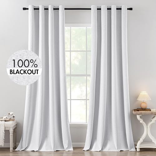 100% Blackout Linen Curtains for Bedroom 52x120 Inches Grayish White (Grayish White / 52"W x 120"L (Pack of 2))
