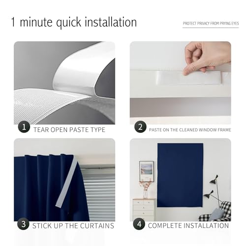 Self Adhesive Portable Blackout Curtains for Bedroom Easy to Install Window Thermal Lnsulated Kitchen Room Darkening Small Window Curtains (47"W x 96"L (Pack of 1) / Navy Blue)