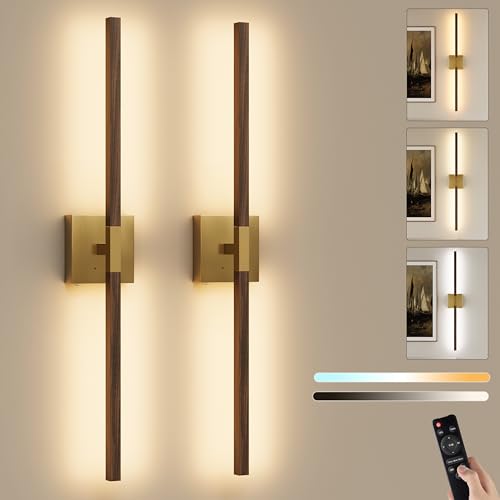 Gold & Walnut Battery Operated Wall Sconce with Remote Control (Gold & Walnut / 32 Inch(2 Pack))