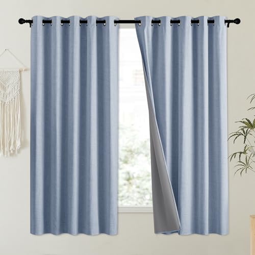 Stone Blue Vintage Linen 100% Blackout Curtains for Kitchen (62"W x 63"L (Pack of 2) / Stone Blue)
