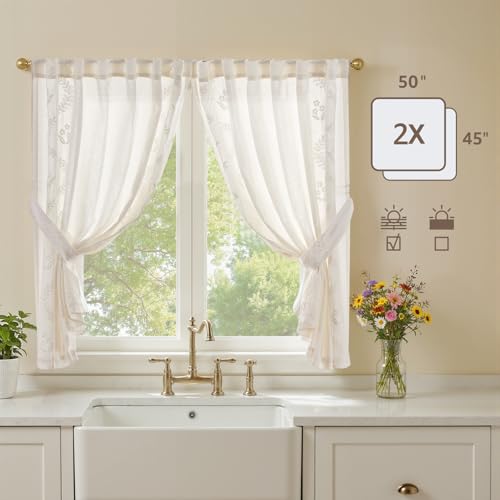 White Floral Linen Kitchen Tier Curtains 50x45 Inch 2 Panels (A| Off White / 50"W x 45"L (Pack of 2))