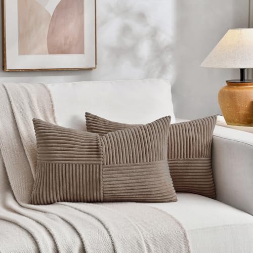 Set of 2 Light Brown Patchwork Corduroy Decorative Soft Striped Modern Accent Cushion Case Farmhouse Boho Neutral Throw Pillow Covers for Chair Couch Bed Sofa Living Room 20x12 Inch (Light Brown / 20" x 12" (Pack of 2))