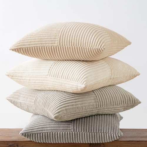 Neutral Decorative Throw Pillow Covers 20x20 Inch Set of 4 for Livingroom Couch Sofa Modern Farmhouse Soft Corduroy Cushion Cases Striped Patchwork Home Decor (20" x 20" (Pack of 4) / Neutral)