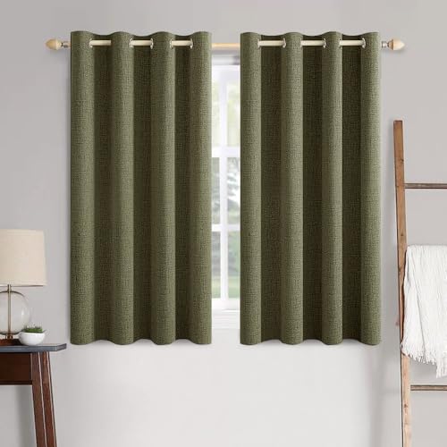 100% Blackout Linen Curtains for Bedroom 52x45 Light Olive Green (Light Olive Green / 52"W x 45"L (Pack of 2))