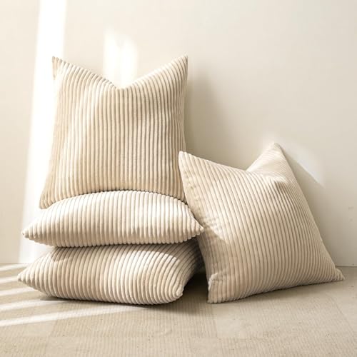 Soft Corduroy Decorative Throw Pillow Covers Beige 18x18 (18" x 18" (Pack of 4) / Beige)