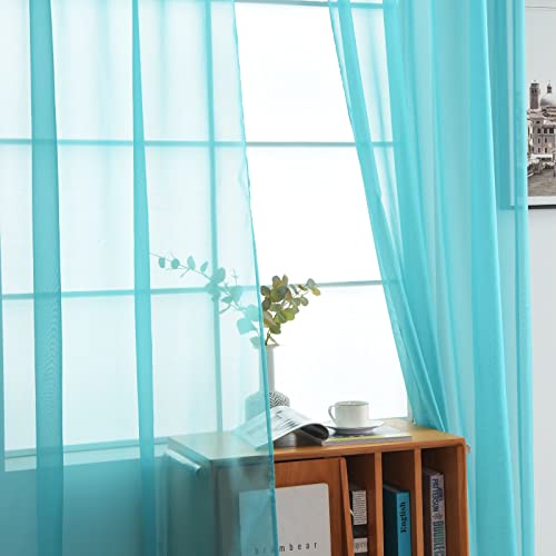 Sheer Voile Window Treatment Rod Pocket Curtain Panels for Kitchen Bedroom Living Room Drapes Sunlight Filtering Privacy Semi Home Decor Assorted Colors Sizes (Turquoise / 52"W x 90"L (Pack of 2))