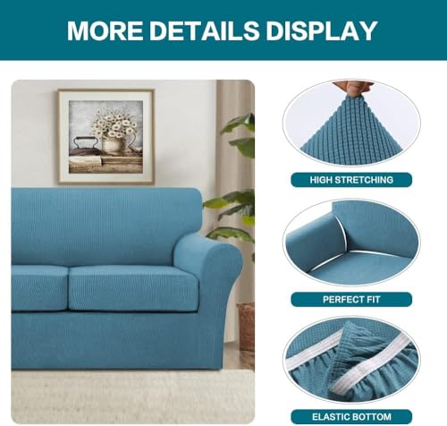 4 Piece Sofa Covers for 3 Cushion Couch Sofa Slipcover Soft Couch Cover for Dogs Washable Furniture Cover with 3 Individual Large Cushion Covers Feature Fabric (L Sofa (3 Cushion) / Storm Blue)