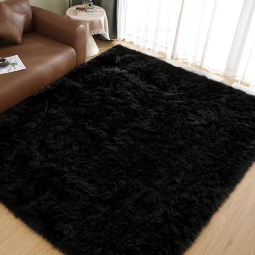 Black Sheepskin Area Rug 8x10 Fluffy Fuzzy Furry Shag Carpet for Living Room Bedroom Faux Fur Plush Rectangle (8' x 10' (Rectangular) / Black)