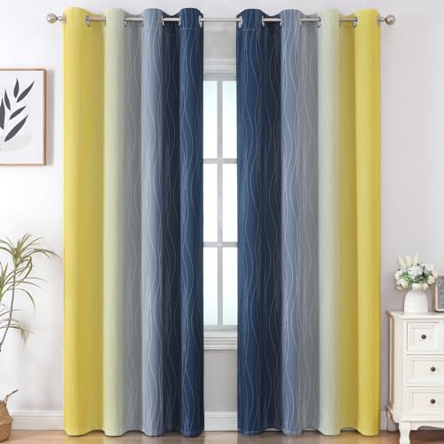 Navy Blue and Yellow Ombre Blackout Curtains for Living Room 102 Inch Long (Navy Blue and Yellow / 52"W x 102"L (Pack of 2))