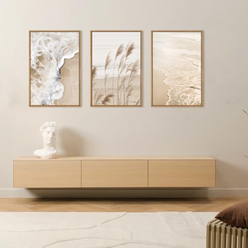 Large Beach Wave Pampas Grass Framed Canvas Wall Art Set (Pampsa Grass Wall Art / 24"L x 36"W)