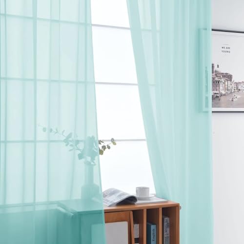 Basic Rod Pocket Sheer Voile Window Curtain Panels Sky Blue 1 Pair 2 Panels 52 Width 45 Inch Long for Kitchen Bedroom Children Living Room Yard（Sky Blue (Sky Blue / 52"W x 45"L (Pack of 2))