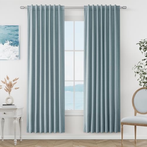 Blue 100% Blackout Linen Curtains 80 Inch Length 2 Panels Set for Living Room Bedroom Back Tab Thermal Insulated Black Out Drapes Room Darkening Window Curtains 80 Inches Long Dusty Blue (Blue / 52"W x 80"L (Pack of 2))