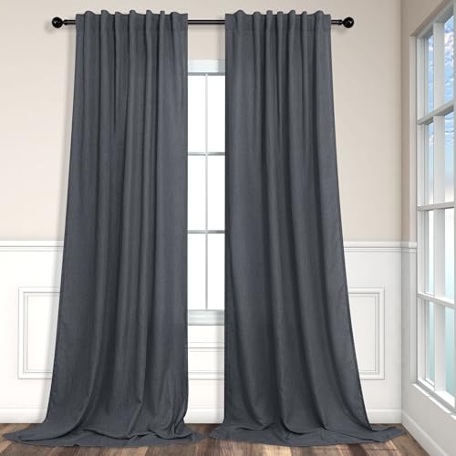 Grey Curtains for Living Room 96 Inches Long 2 Panels Back Tab Light Filtering Linen Semi Sheer Modern Farmhouse 8ft Curtain Drapes for Bedroom Home Office Ceiling to Floor Length Charcoal Dark Gray (52"W x 96"L (Pack of 2) / Dark Grey)