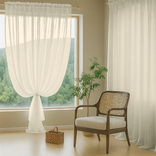 Cream Sheer Curtains for Window 72 inches Long 2 Panels Set (42"W x 72"L (Pack of 2) / Cream)
