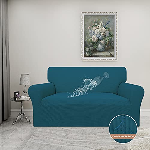 100% Waterproof Loveseat Couch Cover Stretch Jacquard Sofa Cover (Peacock Blue / Loveseat)