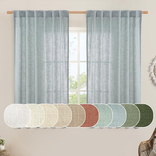 Linen Semi Sheer Curtains 48 Inch for Bedroom Window Treatment (Greyish Blue / 52"W x 48"L (Pack of 2))
