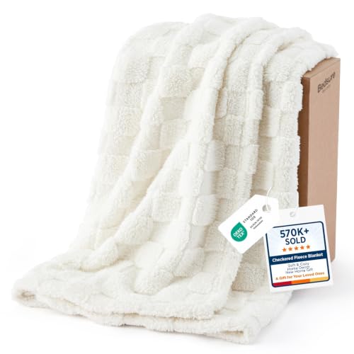 Checkered Fleece Throw Blankets for Bed (White / Throw XL (50" X 70"))