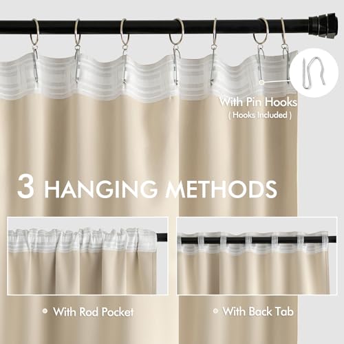 Cream Beige Back Tab Blackout Curtains 52x132 Inch Length 2 Panels (Cream Beige / 52"W x 132"L (Pack of 2))
