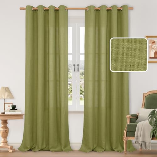 Moss Green Semi Sheer Linen Curtains for Living Room 84 Inch Long (52"W x 84"L (Pack of 2) / Silver Grommet-moss Green)