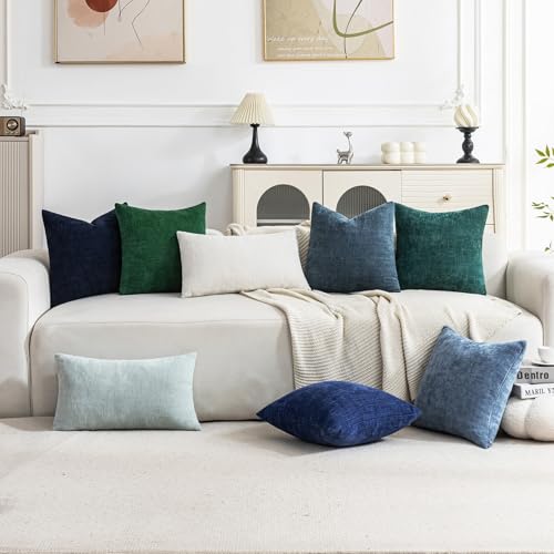 Set of 4 Soft Textured Decorative Throw Pillow Covers 20x20 Inch Cozy Farmhouse Cushion Cover Square Accent Pillow Cases for Bed Couch Sofa Living Room (A Beige White Blue / 20" x 20" (Pack of 4))