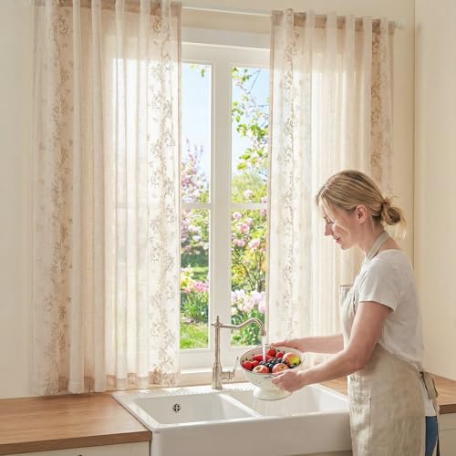 Floral Linen Curtains 63 Inch Farmhouse Back Tab 2 Panels (Vine | Beige / 50"W x 63"L (Pack of 2))