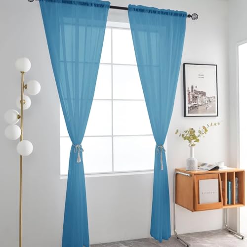 Basic Rod Pocket Sheer Voile Window Curtain Panels Blue 1 Pair 2 Panels 52 Width 63 Inch Long for Kitchen Bedroom Children Living Room Yard（Blue (Blue / 52"W x 63"L (Pack of 2))