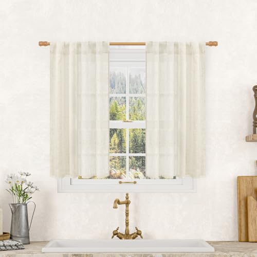 Semi Sheer Linen Curtains 40 Inch Length for Cafe (Natural / 25"W x 40"L (Pack of 2))