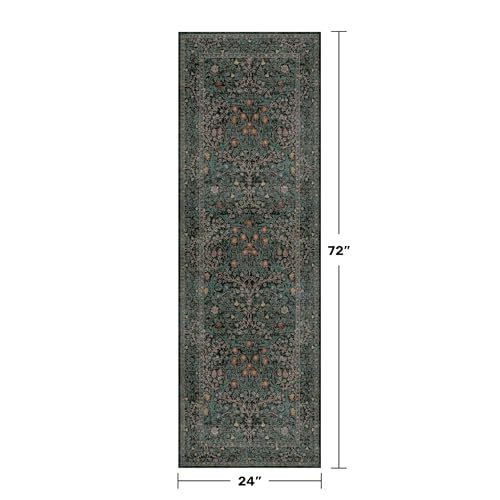 Vintage Floral Dark Green Washable Runner Rug 2x6 (Dark Green / Black / 2' x 6' (Runner))