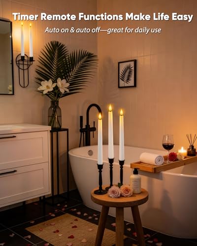 6 Pcs Waxy Flameless Taper Candles with Remote (White / 9.6 inch)