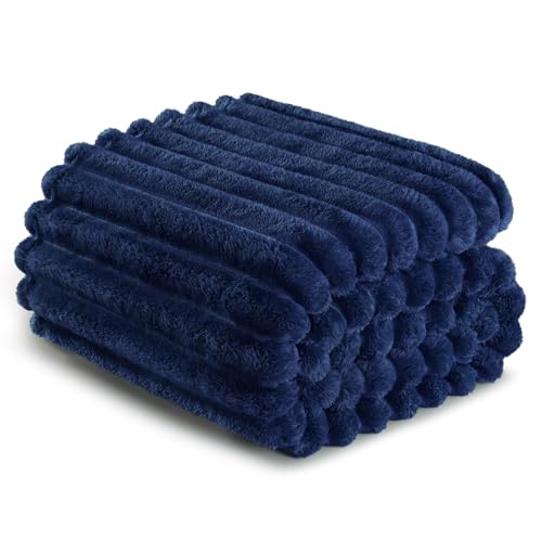 Striped Twin Size Fleece Blanket for Bed (Navy Blue / Twin ( 60x80 IN ))
