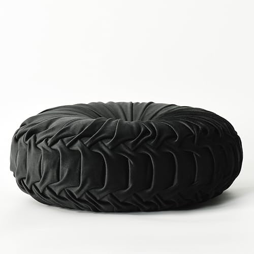 Set of 2 Black Velvet Decorative Round Pleated Throw Pillows (Black)