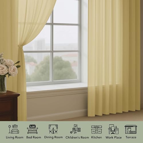 Gold Sheer Curtains 84 Inch Long 2 Panels for Living Room 59" Wide (Gold / 59"W x 84"L (Pack of 2))