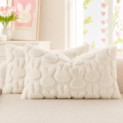 Beige Faux Fur Bunny Throw Pillow Covers 12x20 Set of 2 (20" x 12" (Pack of 2) / Rabbits Beige)