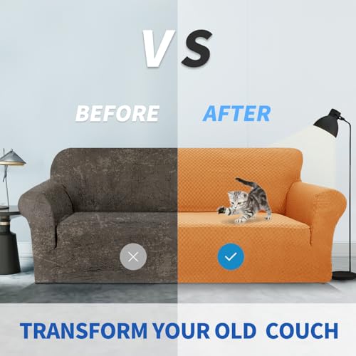 1 Piece Jacquard Couch Covers for 3 Cushion Couch High Stretch Sofa Cover for Pets Dogs Anti Slip Extra Large Sofa Slipcovers Furniture Protector (X-Large (91"-112") / Orange)