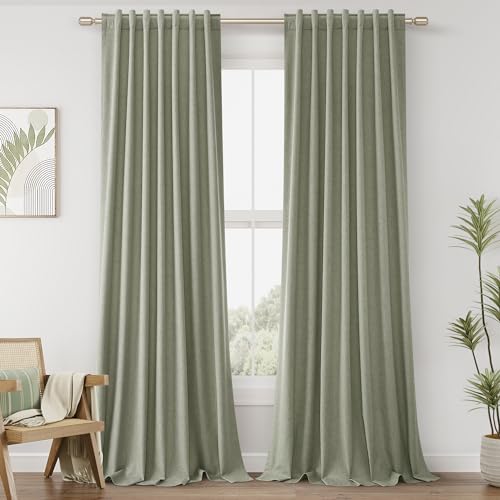 Extra Long 100% Blackout Sage Green Linen Curtains 144 Inches (Sage Green / 52"W x 144"L (Pack of 2))