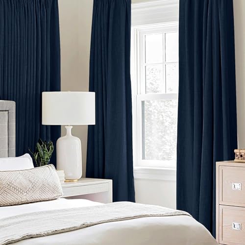 100% Blackout Linen Curtains for Bedroom 52x84 Inches Midnight Blue (Midnight Blue / 52"W x 84"L (Pack of 2))