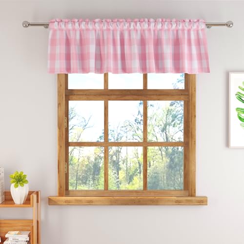 Buffalo Check Plaid Valances Gingham 1 Pack Tiers Rod Pocket Pink and White Farmhouse Short Curtains For Windows Treatment Decor Small Curtains Over Sink For Kitchen (54"W x 16"L (Pack of 1) / Pink and White)