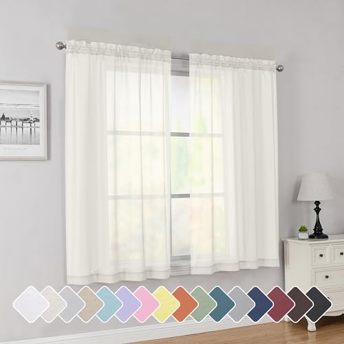 Rod Pocket Top Solid Voile Sheer Curtains for Bedroom (Ivory / 42"W x 54"L (Pack of 2))