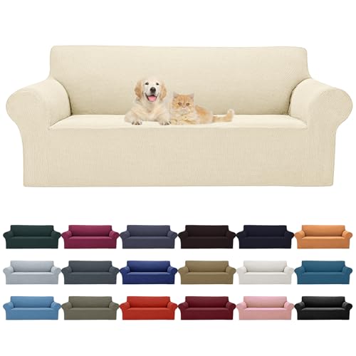 2026 New Stretch Oversized Sofa Slipcovers Couch Sofa Cover for 4 Seater Furniture Protector Covers with Elastic Bottom Jacquard Fabric Small Checks for Pets (Beige / Oversized Sofa)