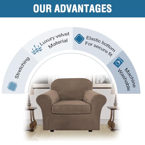 Rich Velvet Stretch 2 Piece Cover Chair Slipcover Sofa Cover Furniture Protector Couch Soft with Elastic Bottom Chair Couch Cover Width Up to 49 Inch (1 Cushion Chair / Mocha)