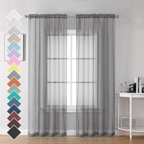2 Panels Grey Sheer Curtains (Charcoal Grey / 42"W x 84"L (Pack of 2))