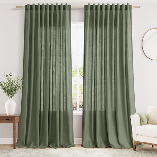 70 Inches Wide Olive Green Linen Curtains for Living Room 2 Panels Set 96 Inch Length Back Tab Light Filtering and Breathability Semi Sheer Curtain for Bedroom 70x96 (70"W x 96"L (Pack of 2) / Loden)